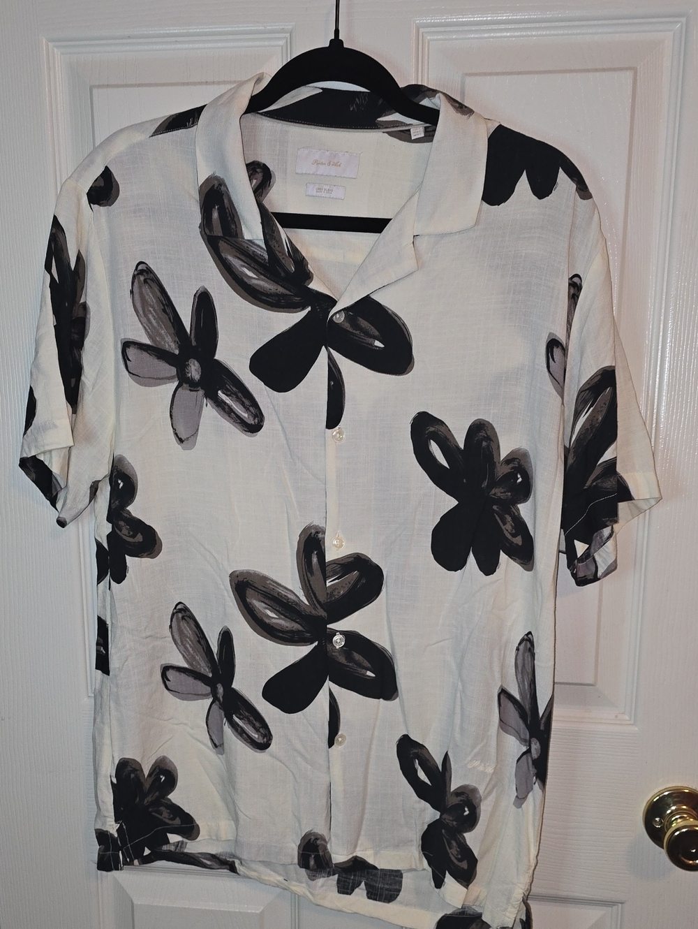 Men's White Short-Sleeve Button-Down Shirt with Black Floral Print